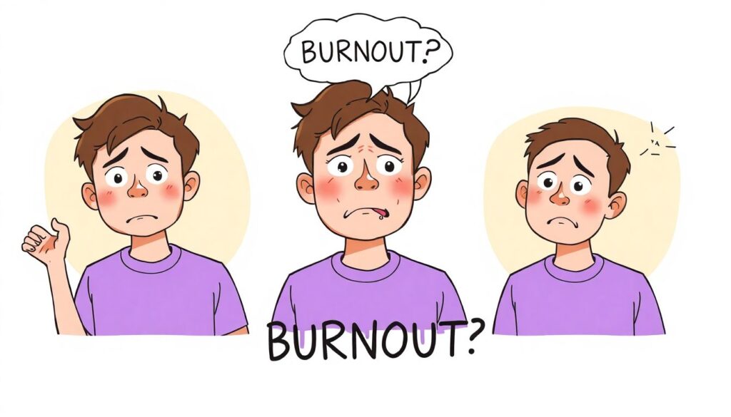 Autistic adult progression energetic to fatigued 3 panel comic style soft pastel colors text