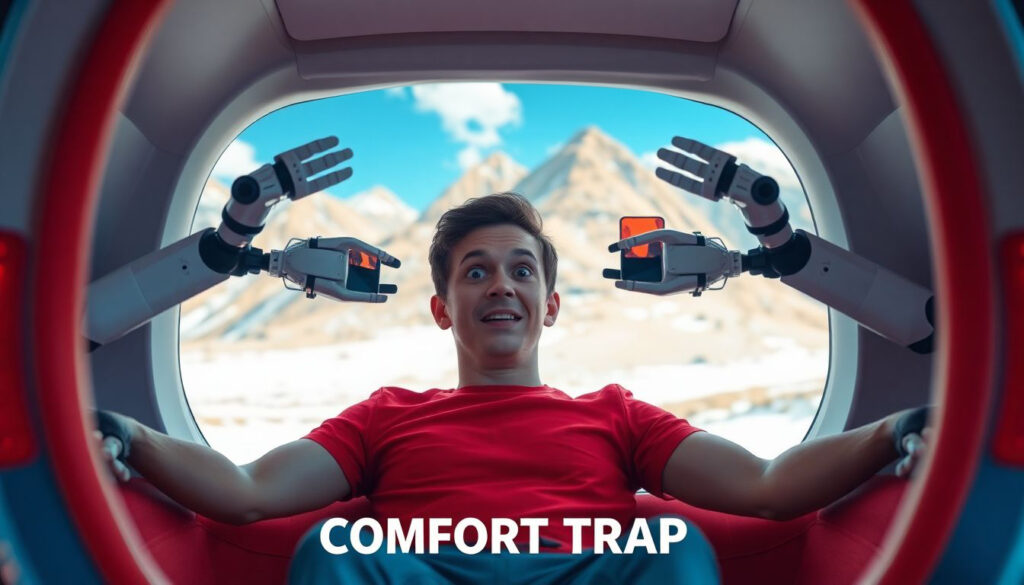 High tech comfort pod with person inside robotic arms offering entertainment large window
