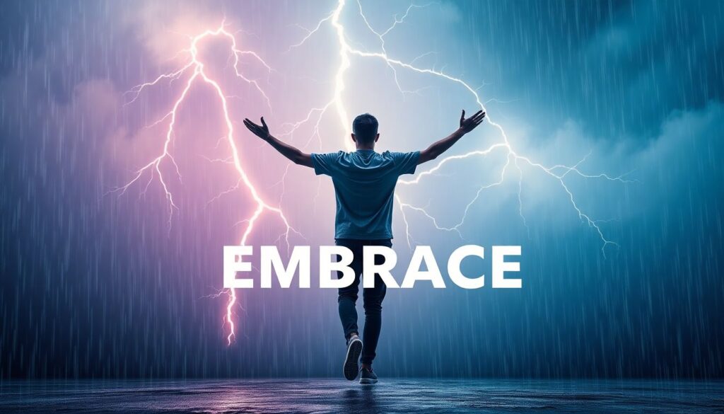 Person walking confidently through rainstorm arms open to sky lightning in background glowing