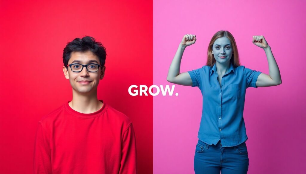 Split screen image awkward person on left empowered version on right contrasting body language