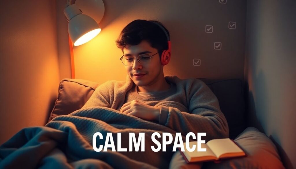 Autistic adult in cozy corner soft lighting weighted blanket noise canceling headphones