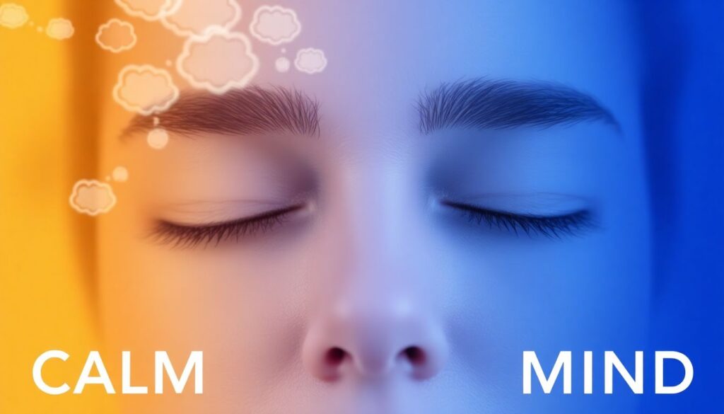 Close up of relaxed face eyes closed abstract thought bubbles fading from chaotic to serene
