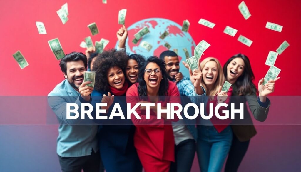 Diverse group breaking through financial barrier vibrant currency symbols excitement on faces