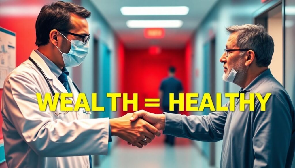 Doctor and financial advisor shaking hands medical charts and money in background vibrant red