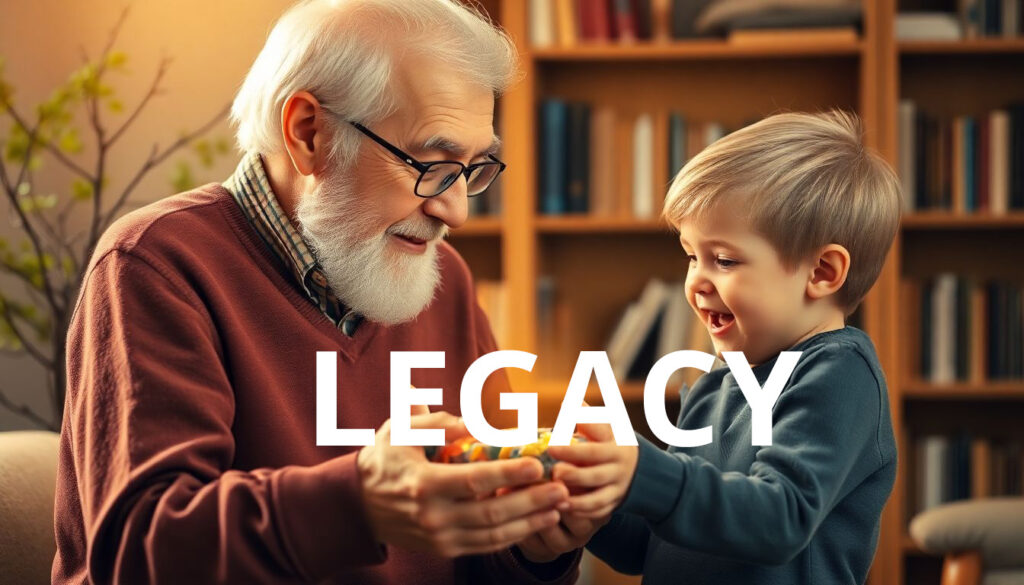 Elderly grandfather passing golden heirloom to young child soft warm lighting tree sapling nearby