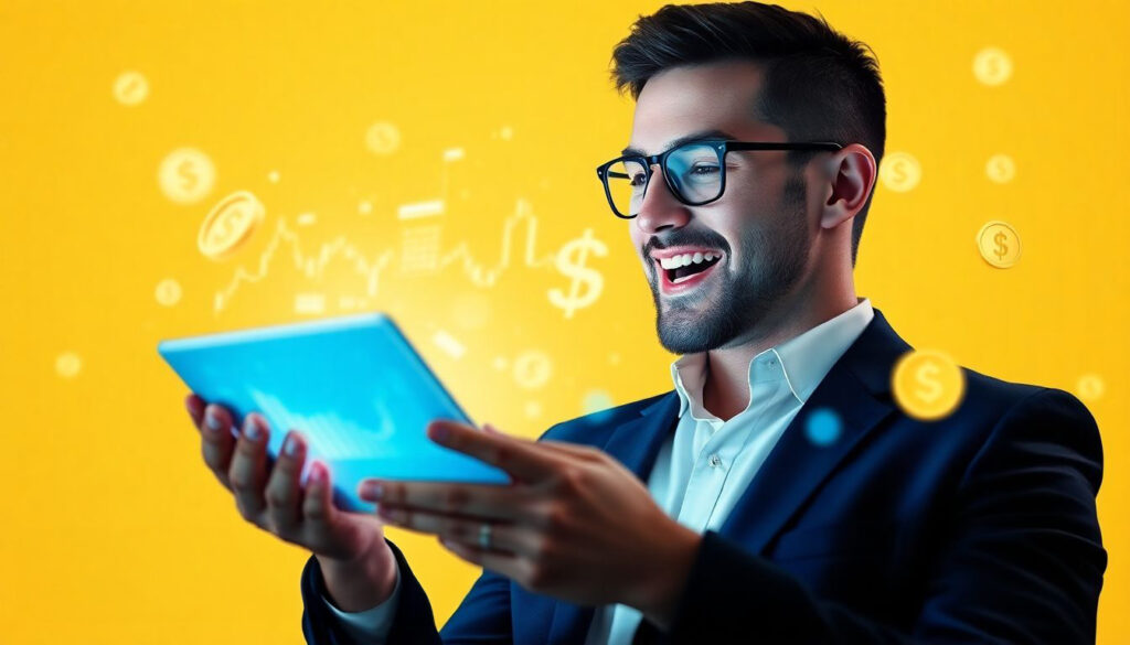 Entrepreneur using tablet with holographic financial charts surrounded by floating digital coins