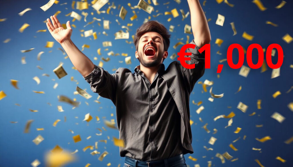 Excited person jumping with arms raised money raining down vibrant background with golden (1)