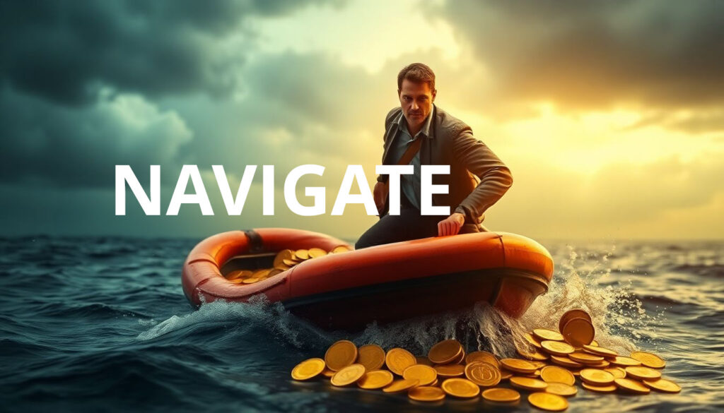 Person confidently stepping from sinking boat onto life raft made of gold coins stormy sea
