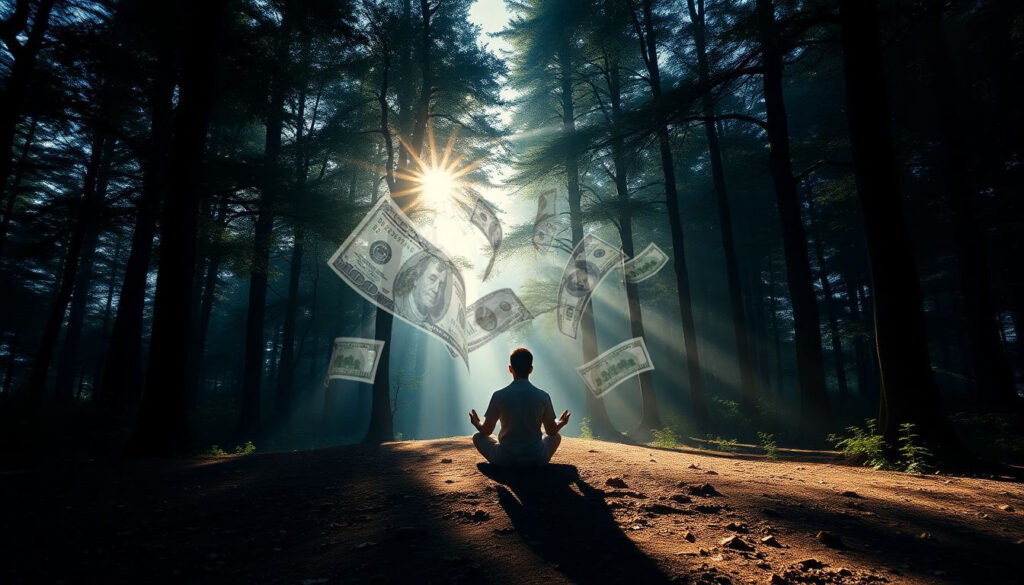 Tranquil forest clearing meditating figure surrounded by gently floating digital transaction icons
