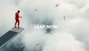 Determined person on diving board edge cloudy void below nervous but focused pose faint