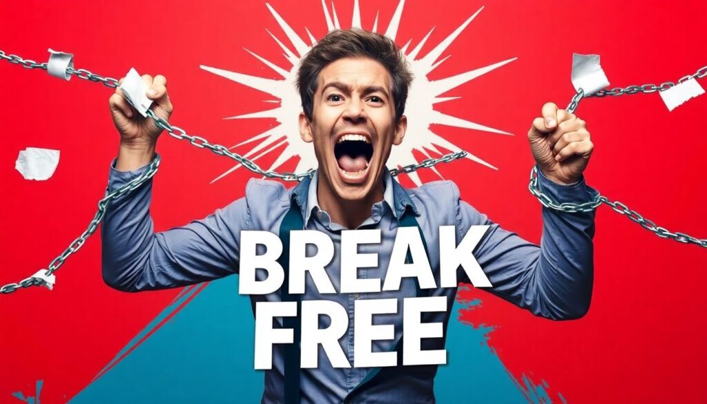 Person breaking through paper chains triumphant expression vibrant red and blue background bold
