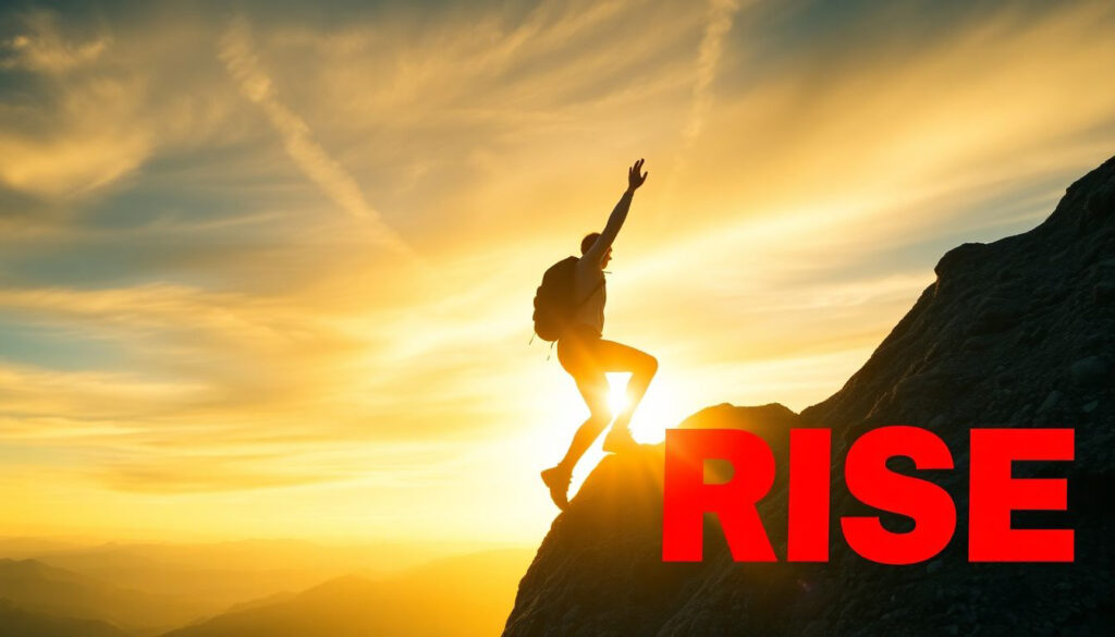 Person climbing steep mountain arm reaching for summit dramatic sunrise backdrop vibrant yellow