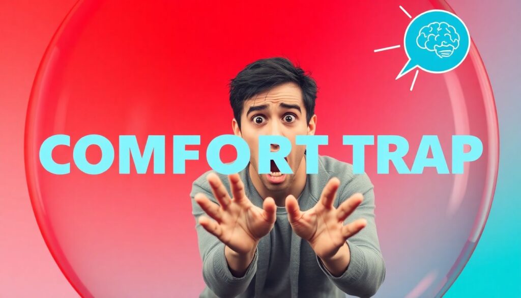 Person trapped in giant bubble anxious expression reaching out vibrant red and blue background