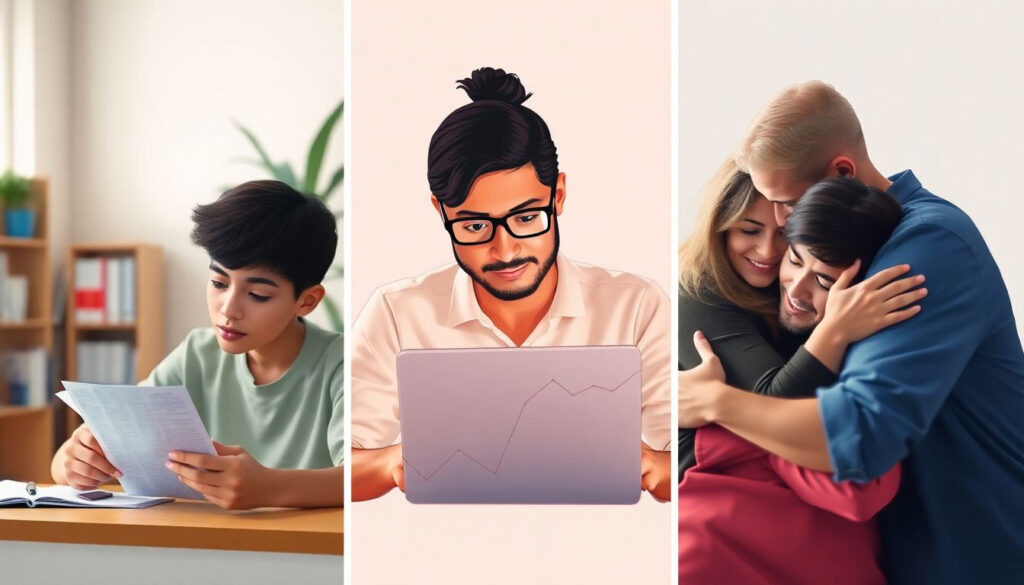 Triptych thumbnail student studying quietly worker focused on laptop family hug scene action