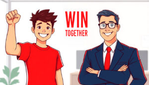 Confident autistic person with raised fist celebration pose next to smiling supervisor