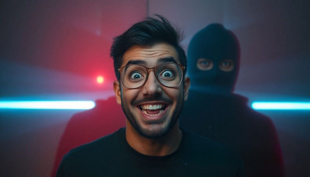 Person with excited expression positioned off center before large mirror reflection reveals
