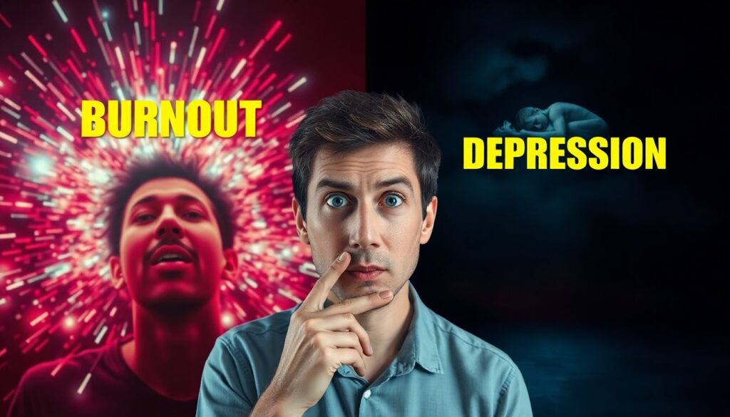 Split screen composition showing overwhelmed person surrounded by bright chaotic lights and sound