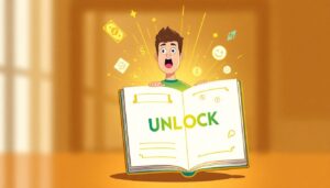 Person standing slightly off center with excited surprised expression large glowing journal labeled