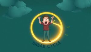 Person with excited surprised expression standing on glowing circular loop path labeled BREAK CYCLE